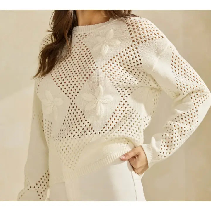 Flower Embroidered Openwork Sweater Top