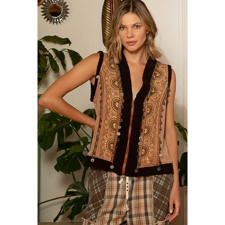 Freya Fleece Trim Embroidered Zipper Vest Jacket - Beciga