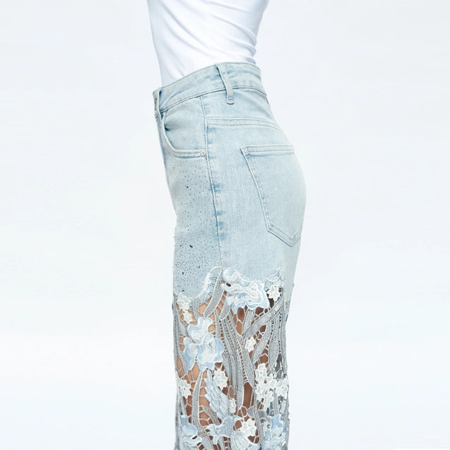 High Rise Wide Leg Jeans with Lace Spliced