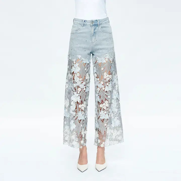 High Rise Wide Leg Jeans with Lace Spliced