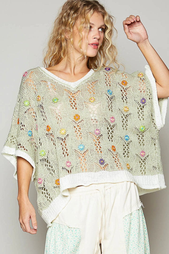 V-Neck Flower Outseam Sweater Top