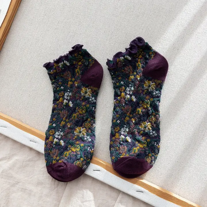 Rufia- Summer Floral Print Lace Trim Low-Cut Socks