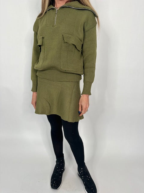 Olive  Knit Skirt Set ( Skirt and Sweater included)