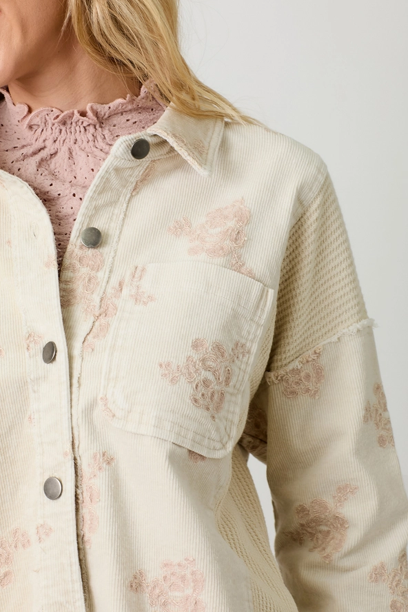 Flower Embroidery Hoodie Shacket