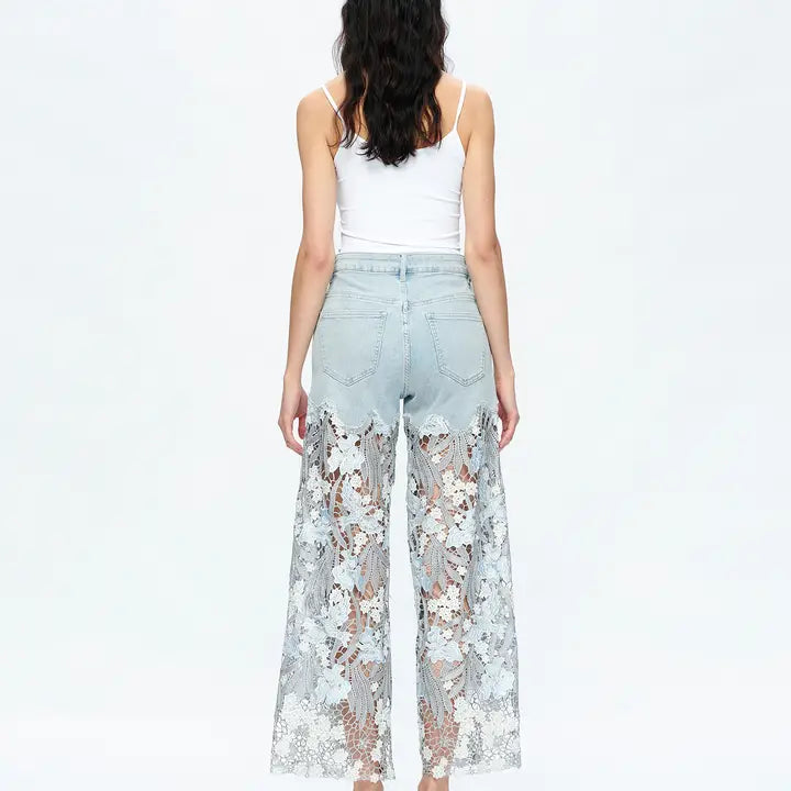 High Rise Wide Leg Jeans with Lace Spliced