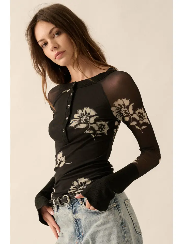 Floral Print Mesh Raglan Sleeve Henley Top