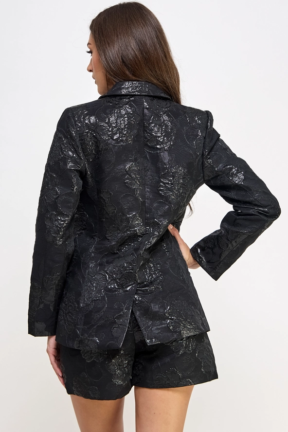 Notched Collar Embossed Blazer Black