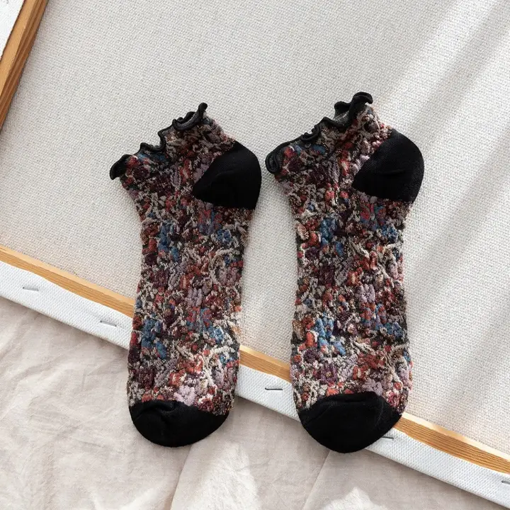 Rufia- Summer Floral Print Lace Trim Low-Cut Socks