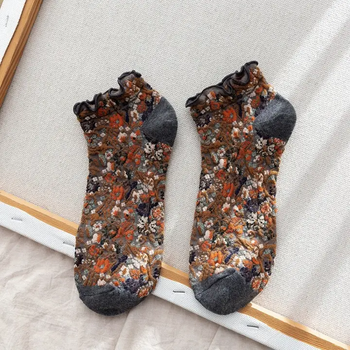 Rufia- Summer Floral Print Lace Trim Low-Cut Socks