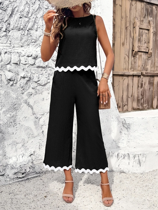 Vera Lace Vest Wide-Leg Pants Two-Piece Set(available in black only)