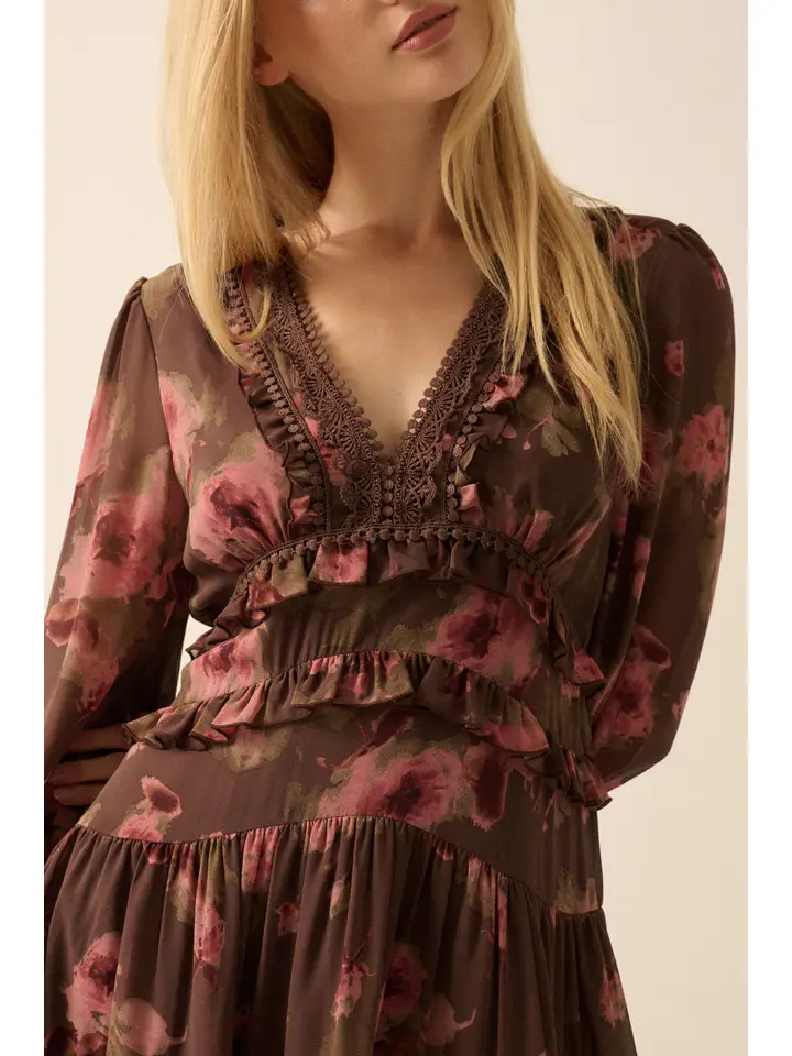 Floral Chiffon Ruffled Lace-Trimmed Mini Dress