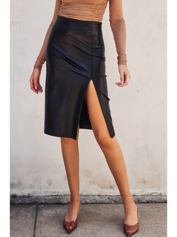 Lainey Faux Leather Midi Slit Skirt