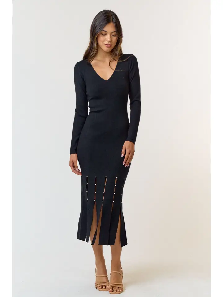 Pearl Trim Fringe Detail Sweater Midi Dress