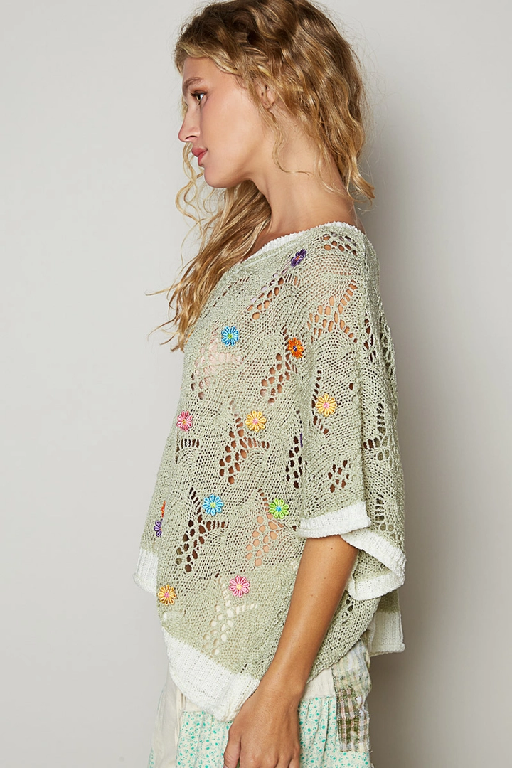 V-Neck Flower Outseam Sweater Top