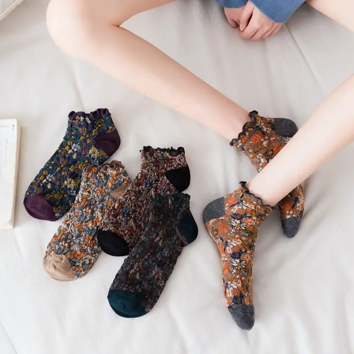 Rufia- Summer Floral Print Lace Trim Low-Cut Socks