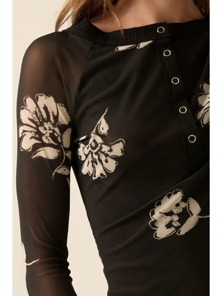 Floral Print Mesh Raglan Sleeve Henley Top