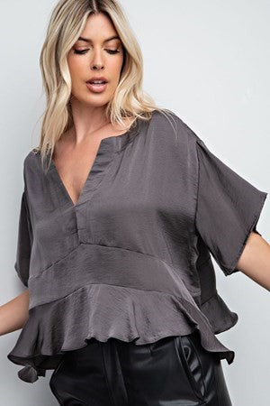 V-Neck Peplum Satin Crop Top