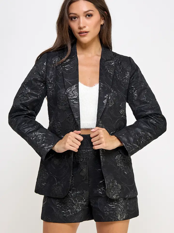 Notched Collar Embossed Blazer Black