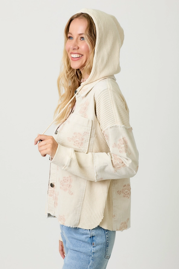 Flower Embroidery Hoodie Shacket