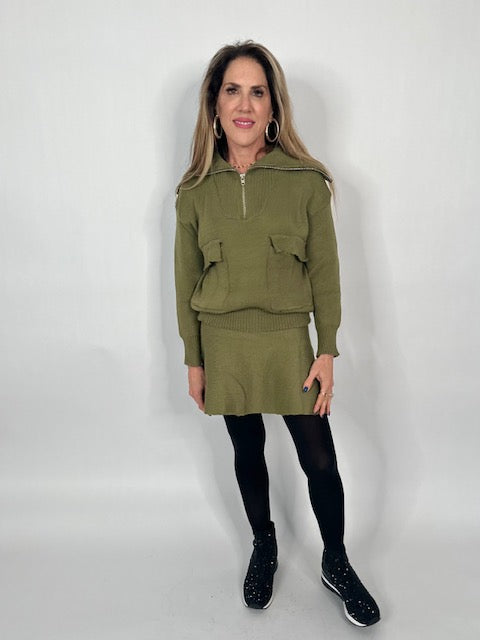 Olive  Knit Skirt Set ( Skirt and Sweater included)