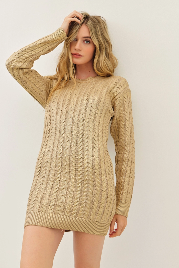 Metallic Foil Cable Knit Sweater Dress