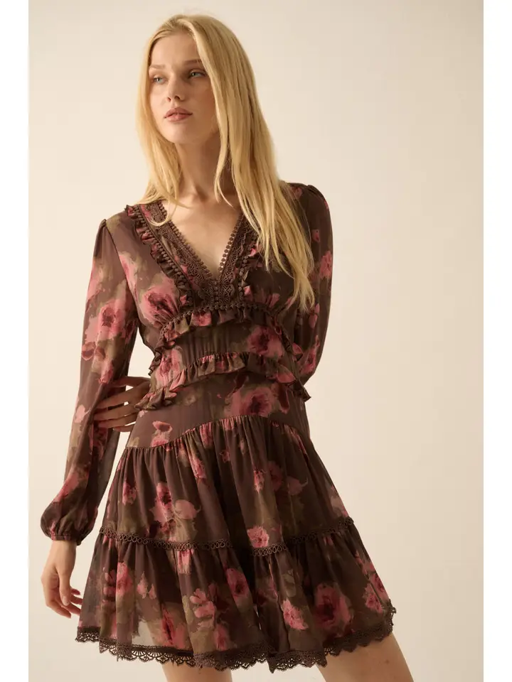 Floral Chiffon Ruffled Lace-Trimmed Mini Dress