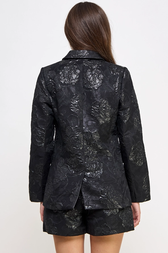 Notched Collar Embossed Blazer Black