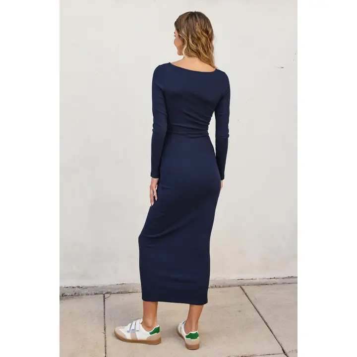 Ribbed Knit Square Neck Midi Dress