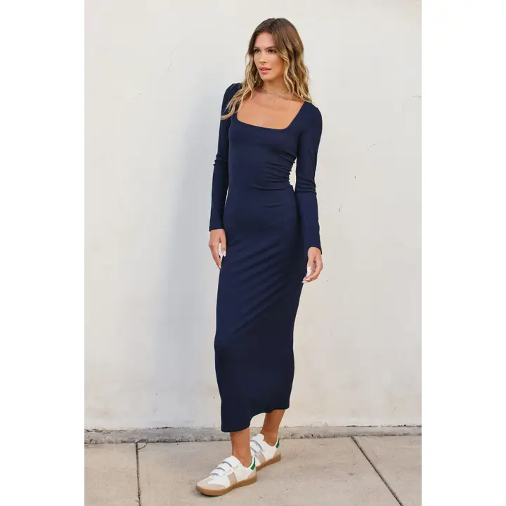 Ribbed Knit Square Neck Midi Dress