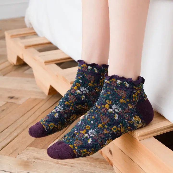 Rufia- Summer Floral Print Lace Trim Low-Cut Socks