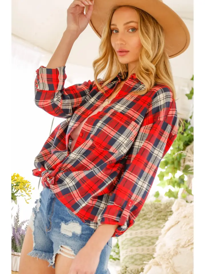 Loose Fit Button Down Plaid Shirt