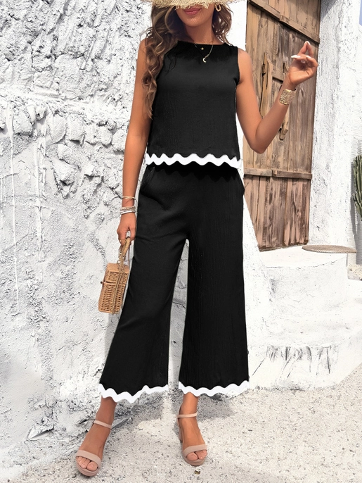 Vera Lace Vest Wide-Leg Pants Two-Piece Set(available in black only)