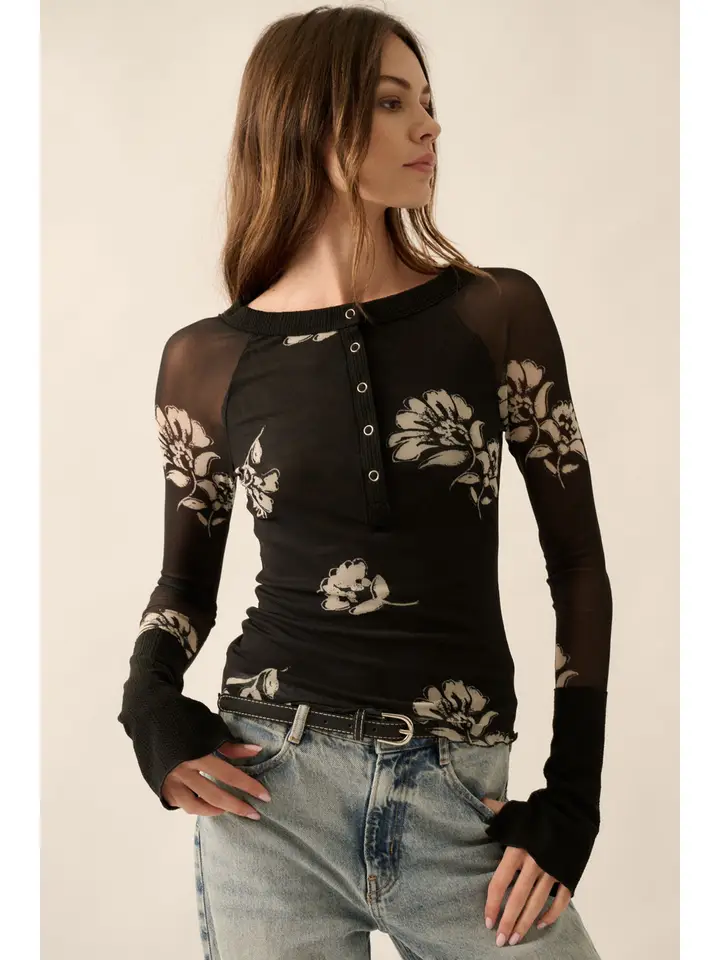 Floral Print Mesh Raglan Sleeve Henley Top