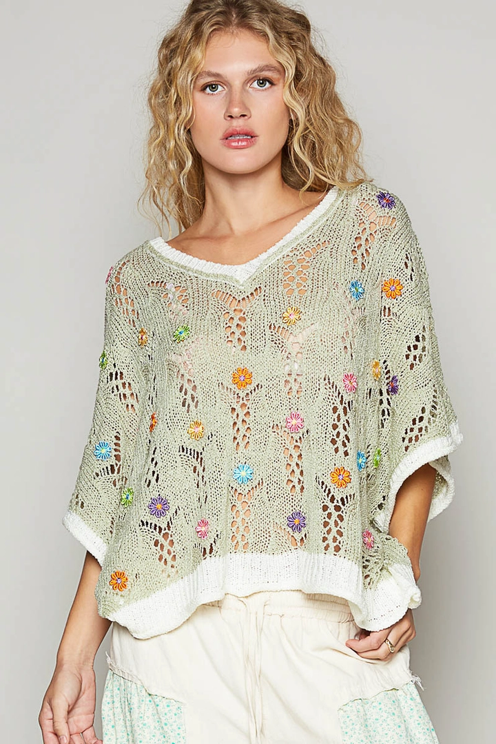 V-Neck Flower Outseam Sweater Top